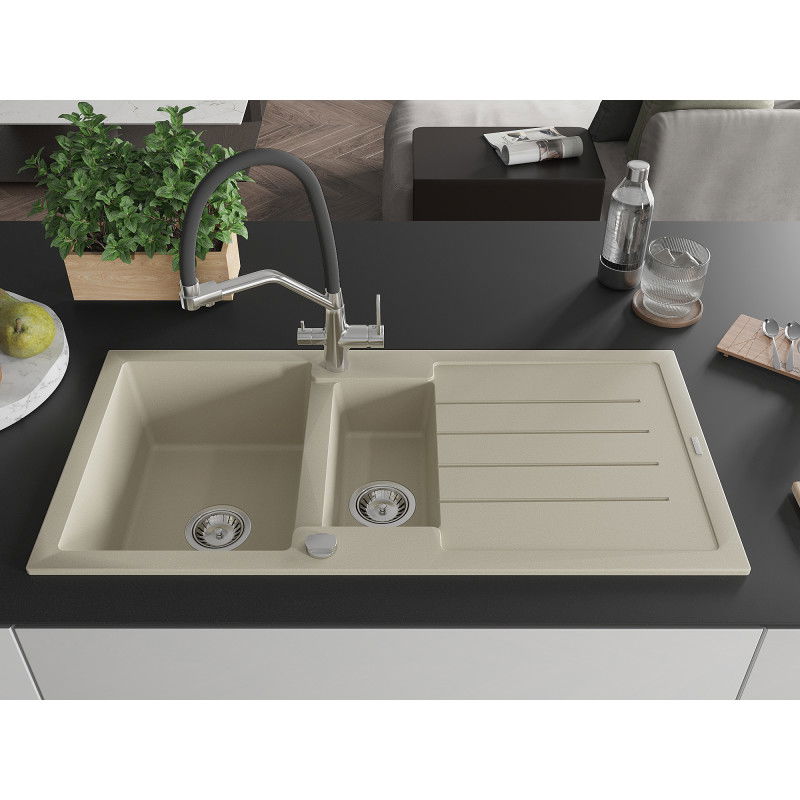 Mexen Andres 1.5-bowl granite sink with drainer and Duo kitchen tap, beige - 6515-69-671701-07