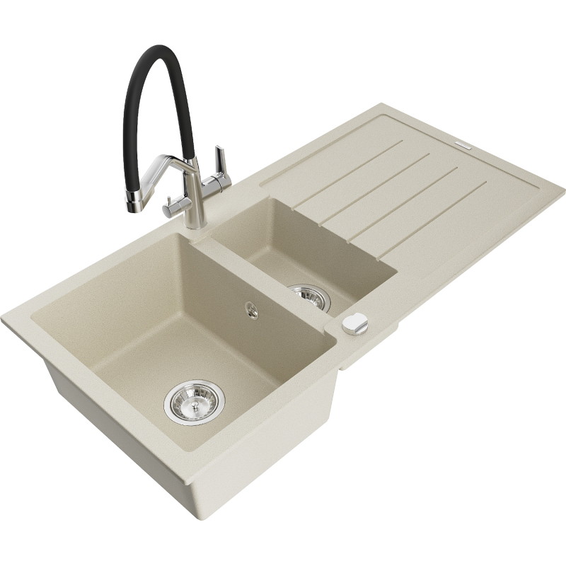 Mexen Andres 1,5-komorige granieten gootsteen met druiprek en Duo keukenmengkraan, beige - 6515-69-671701-07
