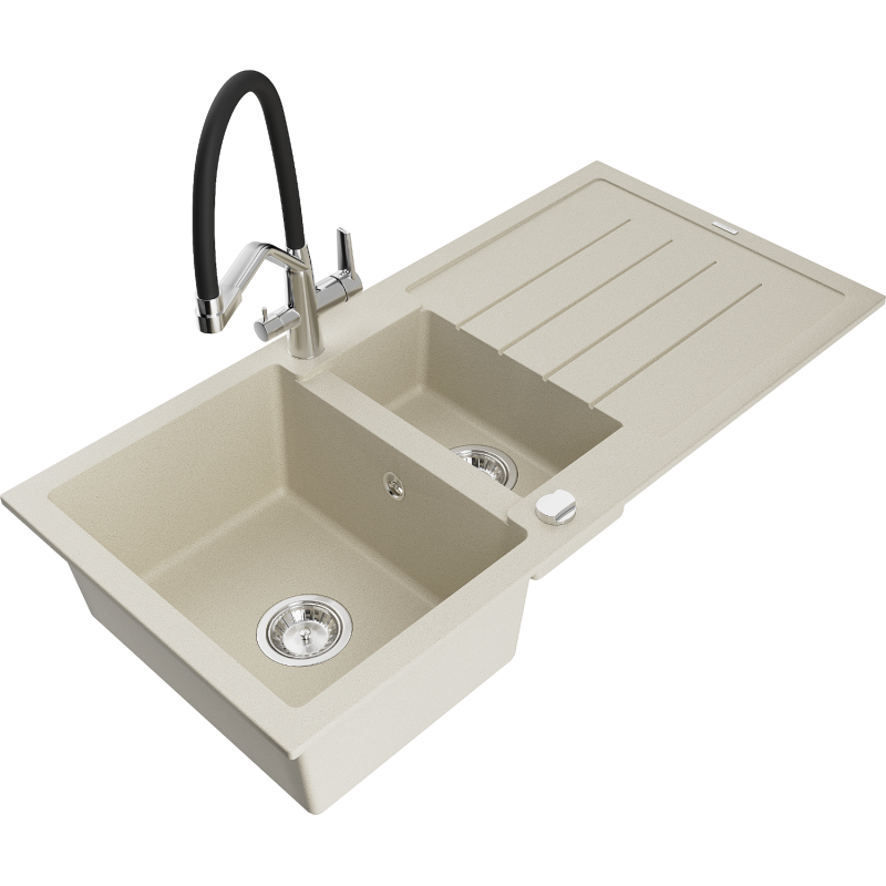Mexen Andres lavello in granito 1,5 vasche con scolapiatti e miscelatore Duo, beige - 6515-69-671701-07