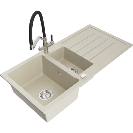 Mexen Andres granite sink 1.5-bowl with drainer and Duo kitchen faucet, beige - 6515-69-671701-07