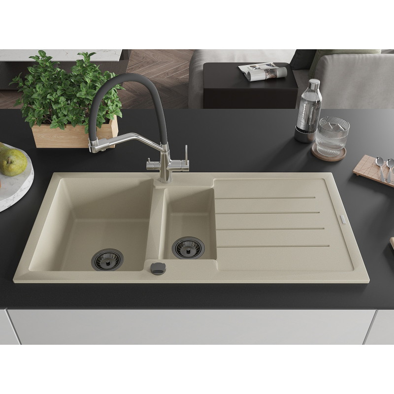Mexen Andres lavello in granito 1,5 vasche con scolapiatti e rubinetto cucina Duo, beige - 6515-69-671701-07-B
