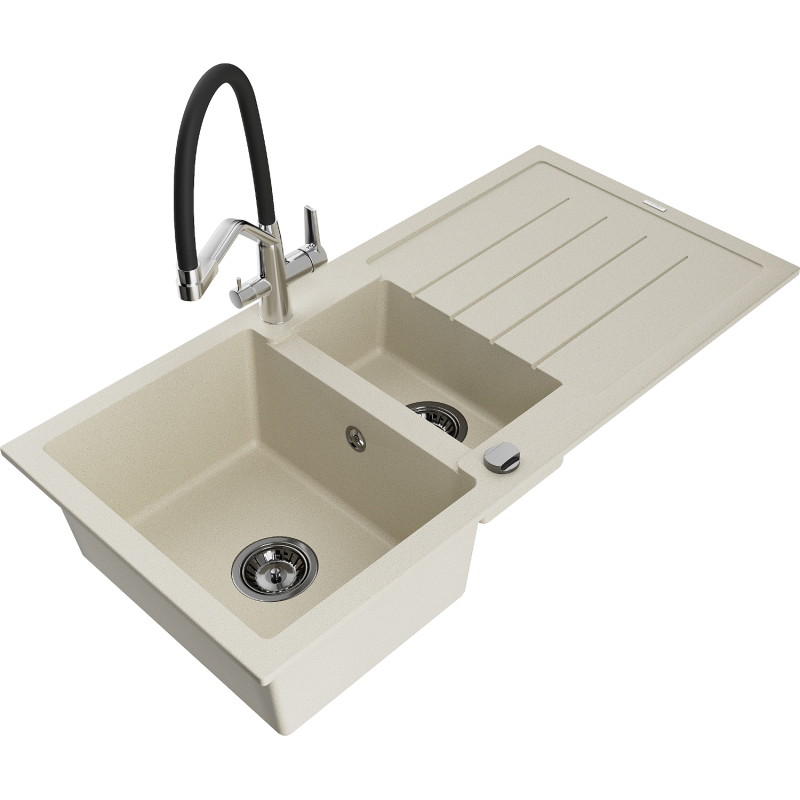 Mexen Andres lavello in granito 1,5 vasca con gocciolatoio e rubinetto da cucina Duo, beige - 6515-69-671701-07-B
