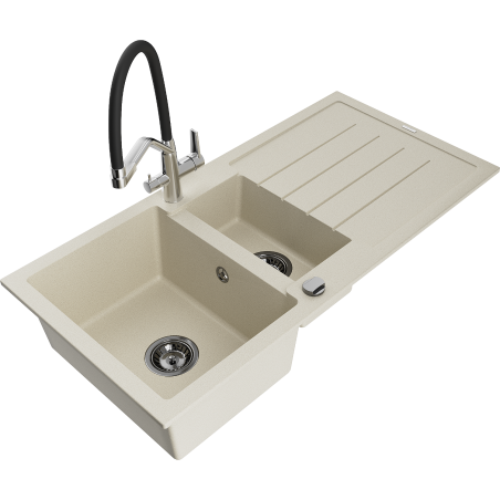 Mexen Andres Granitspüle 1,5 Becken mit Abtropffläche und Küchenarmatur Duo, beige - 6515-69-671701-07-B