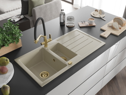 Mexen Andres 1.5-bowl Granite Sink with Drainer and Duo Kitchen Faucet, Beige - 6515-69-671701-57-G