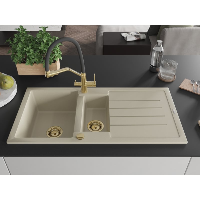 Mexen Andres 1.5-bowl Granite Sink with Drainer and Duo Kitchen Faucet, Beige - 6515-69-671701-57-G