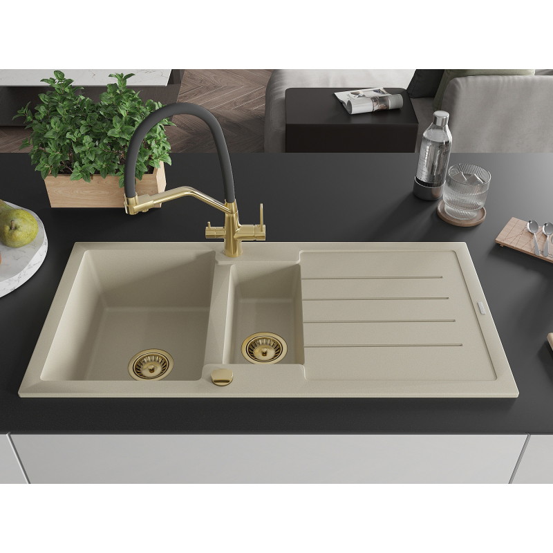 Mexen Andres Granitspüle 1,5-beckig mit Abtropffläche und Küchenarmatur Duo, beige - 6515-69-671701-57-G