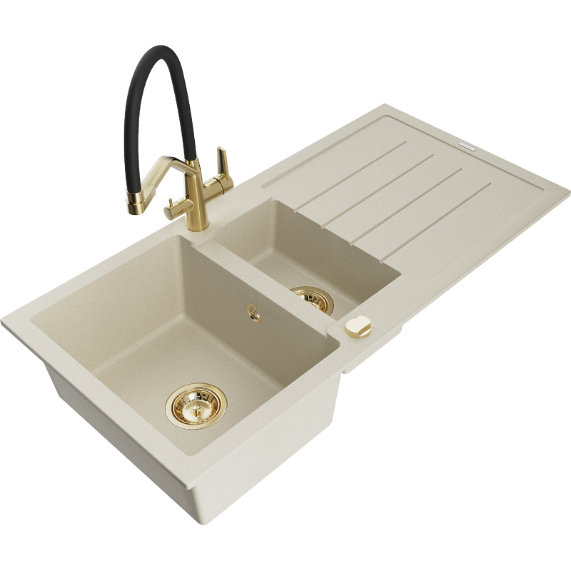 Mexen Andres fregadero de granito 1,5 senos con escurridor y grifo de cocina Duo, beige - 6515-69-671701-57-G