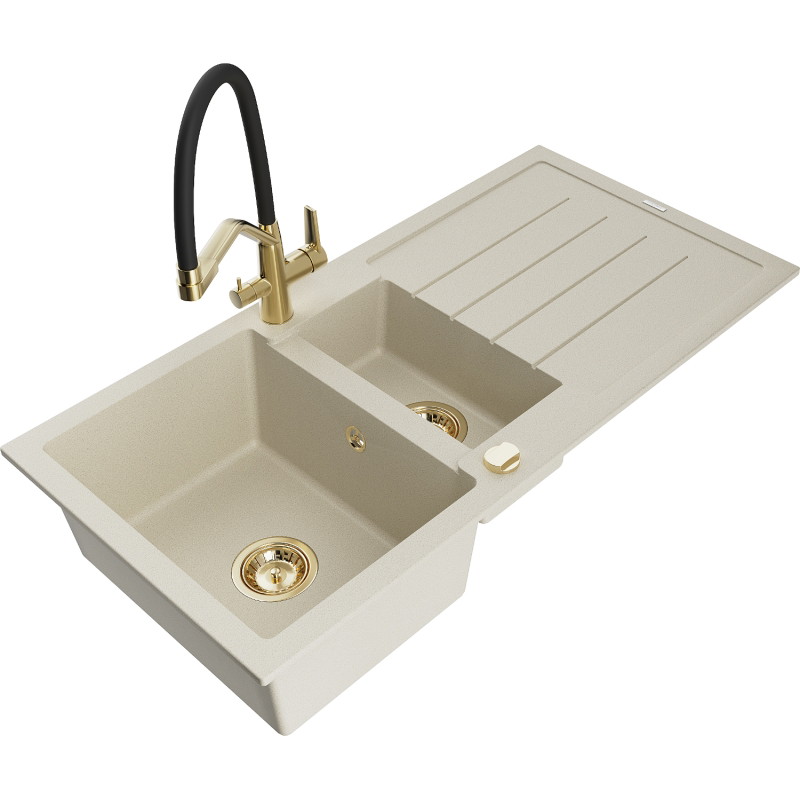 Mexen Andres fregadero de granito de 1,5 senos con escurridor y grifo de cocina Duo, beige - 6515-69-671701-57-G