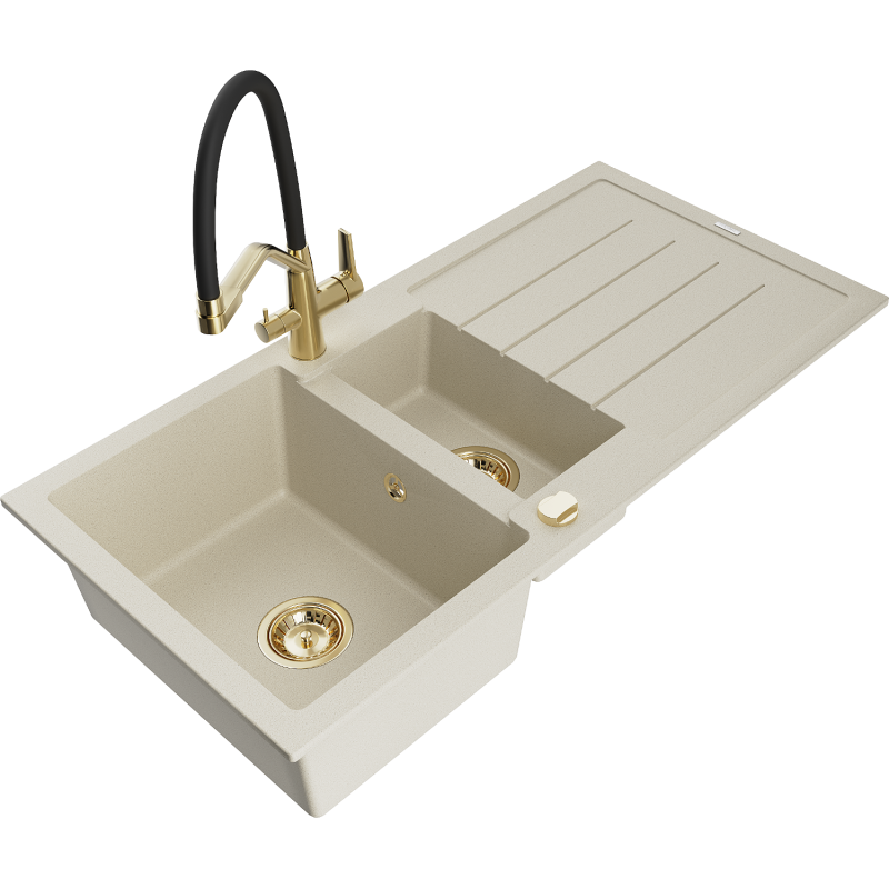 Mexen Andres granieten spoelbak 1,5-komorige met afdruiprek en keukenkraan Duo, beige - 6515-69-671701-57-G