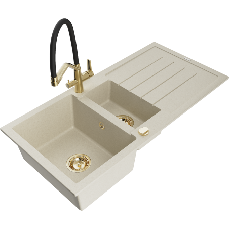 Mexen Andres granieten spoelbak 1,5-komorige met afdruiprek en keukenkraan Duo, beige - 6515-69-671701-57-G