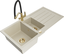 Mexen Andres granieten spoelbak 1,5-komorige met afdruiprek en keukenkraan Duo, beige - 6515-69-671701-57-G