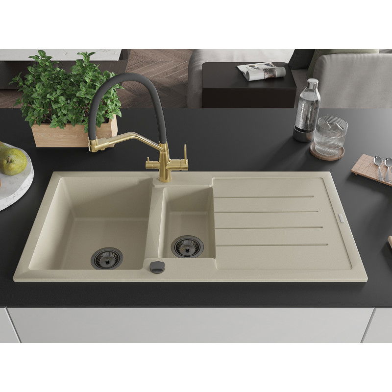 Mexen Andres fregadero de granito de 1,5 cubetas con escurridor y grifo de cocina Duo, beige - 6515-69-671701-57-B
