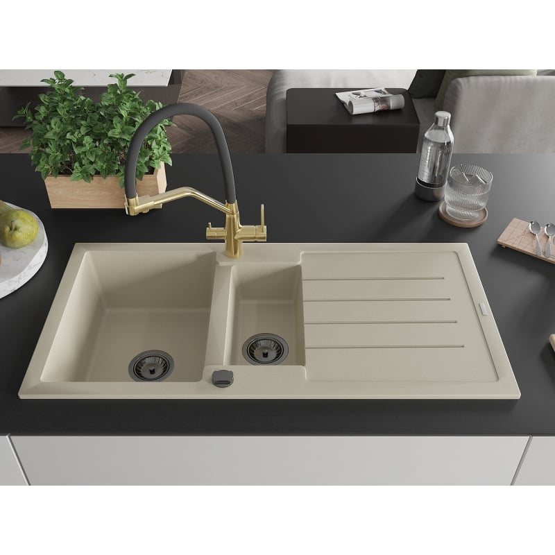 Mexen Andres granite sink 1.5-bowl with drainer and Duo kitchen faucet, beige - 6515-69-671701-57-B