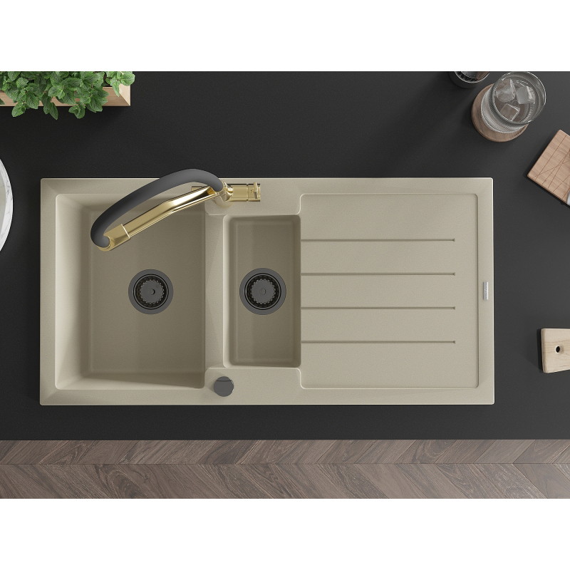 Mexen Andres granit gootsteen 1,5-compartiment met afdruiprek en Duo keukenkraan, beige - 6515-69-671701-57-B