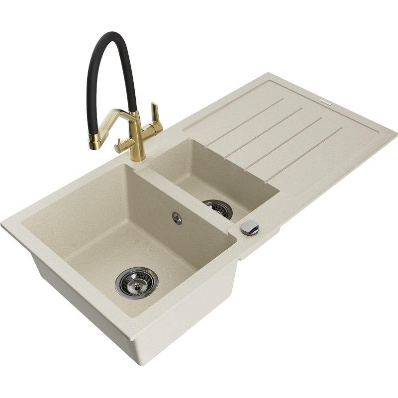Mexen Andres Granitspüle 1,5-Kammern mit Abtropffläche und Küchenarmatur Duo, beige - 6515-69-671701-57-B