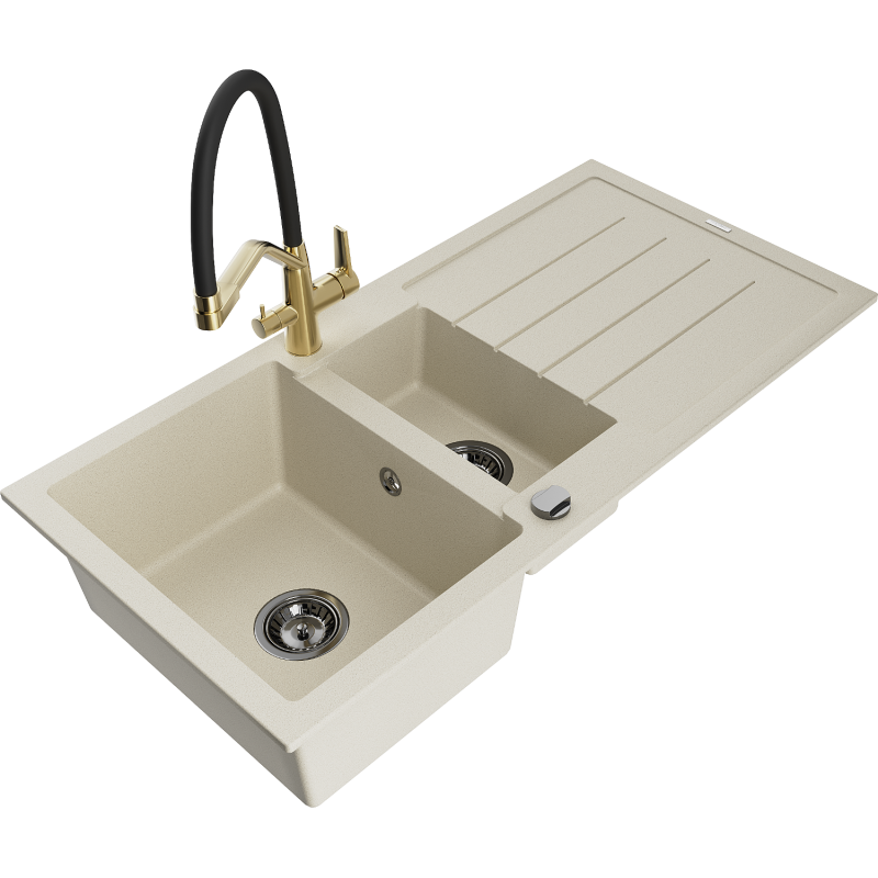Mexen Andres lava-louça em granito de 1,5 cubas com escorredor e torneira de cozinha Duo, bege - 6515-69-671701-57-B