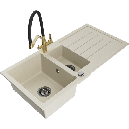 Mexen Andres granieten spoelbak 1,5-vaks met afdruiprek en keukenkraan Duo, beige - 6515-69-671701-57-B