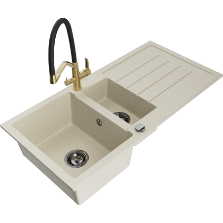 Mexen Andres Granitspüle 1,5-Kammern mit Abtropffläche und Küchenarmatur Duo, beige - 6515-69-671701-57-B