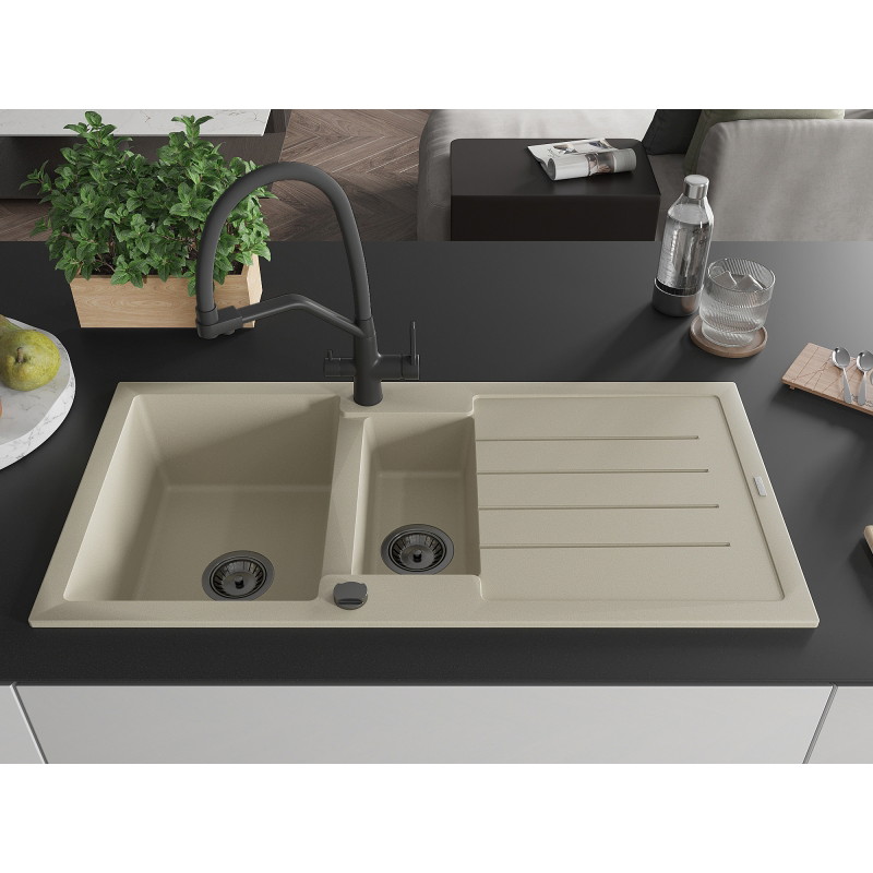 Mexen Andres fregadero de granito de 1,5 senos con escurridor y grifo de cocina Duo, beige - 6515-69-671701-70-B