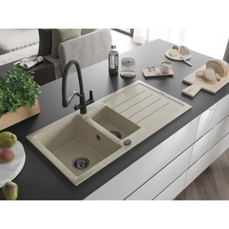 Mexen Andres fregadero de granito 1,5 senos con goteador y grifo de cocina Duo, beige - 6515-69-671701-70-B