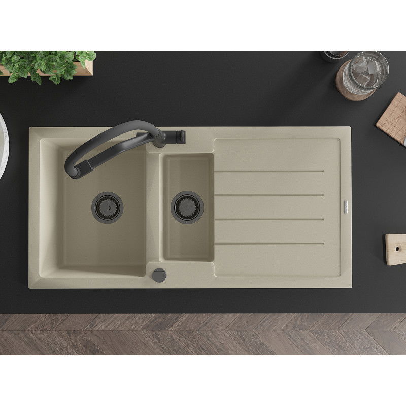Mexen Andres granieten spoelbak 1,5-komorige met afdruiprek en Duo keukenmengkraan, beige - 6515-69-671701-70-B