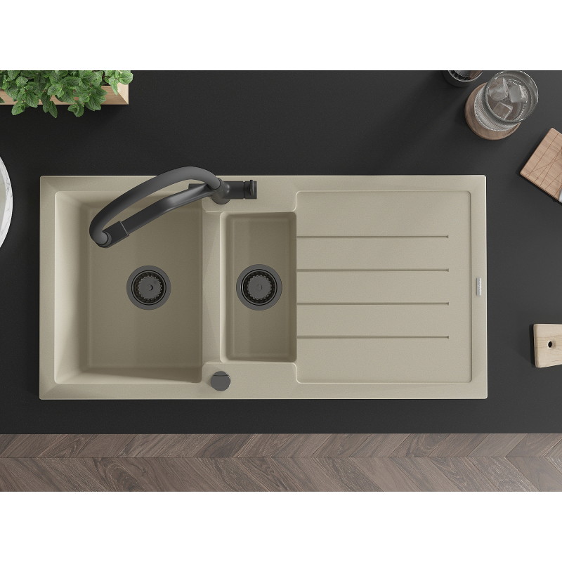 Mexen Andres granitische spoelbak 1,5-kamer met afdruiprek en keukenkraan Duo, beige - 6515-69-671701-70-B