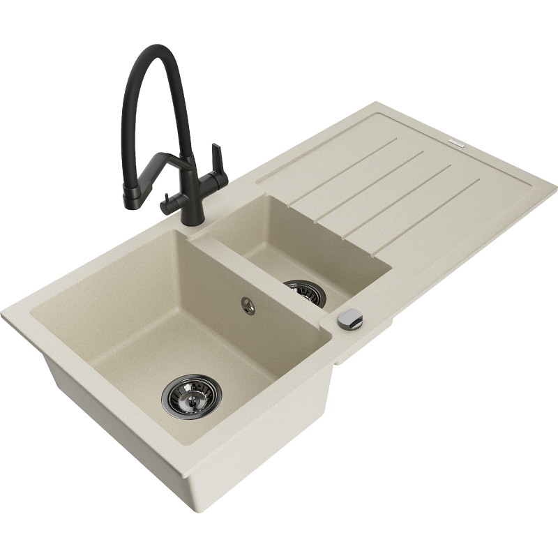 Mexen Andres 1,5-komorige granieten spoelbak met afdruiprek en keukenkraan Duo, beige - 6515-69-671701-70-B