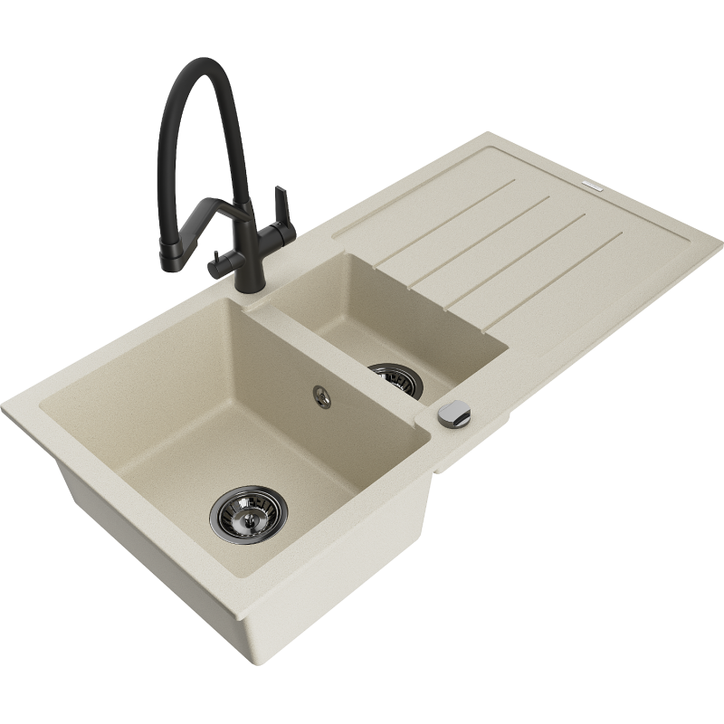 Mexen Andres fregadero de granito 1,5 senos con goteador y grifo de cocina Duo, beige - 6515-69-671701-70-B