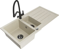 Mexen Andres Granitspüle 1,5-Becken mit Abtropffläche und Küchenarmatur Duo, beige - 6515-69-671701-70-B