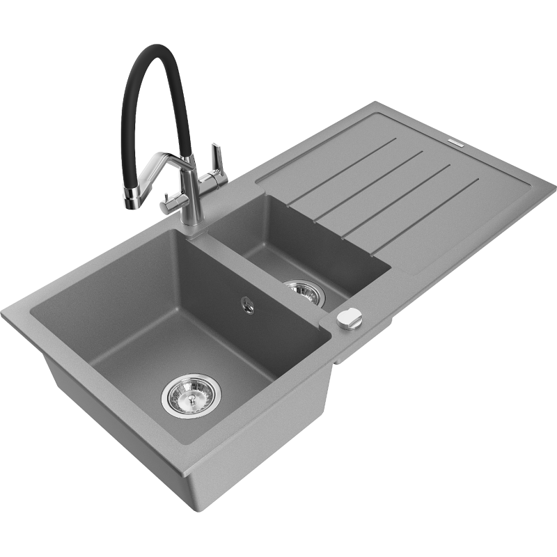Mexen Andres lavello in granito 1,5 vasche con sgocciolatoio e miscelatore cucina Duo, grigio - 6515-71-671701-07