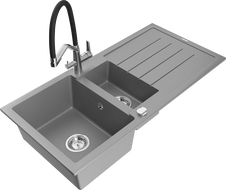 Mexen Andres 1.5-bowl granite kitchen sink with drainer and Duo kitchen faucet, gray - 6515-71-671701-07