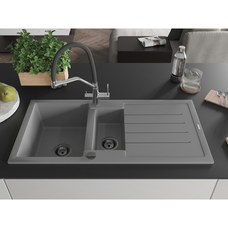 Mexen Andres granit wastafel 1,5-komorige met afdruiprek en keukenkraan Duo, grijs - 6515-71-671701-07-B