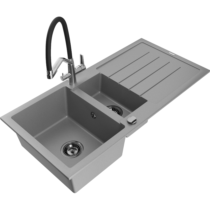 Mexen Andres fregadero de granito de 1,5 senos con escurridor y grifo de cocina Duo, gris - 6515-71-671701-07-B