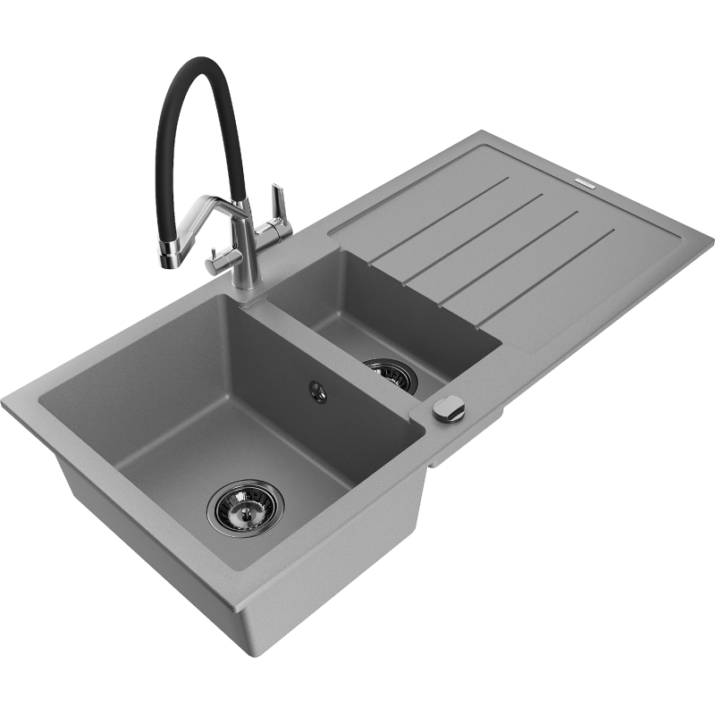 Mexen Andres Granitspullang mat 1,5-Kompartiment mat Drainage an Kichebatterie Duo, gro - 6515-71-671701-07-B