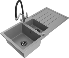 Mexen Andres 1.5-bowl granite sink with drainer and Duo kitchen tap, grey - 6515-71-671701-07-B