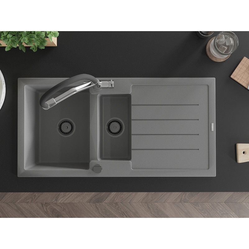 Mexen Andres 1.5-bowl granite sink with drainer and Duo kitchen tap, grey - 6515-71-671701-07-B