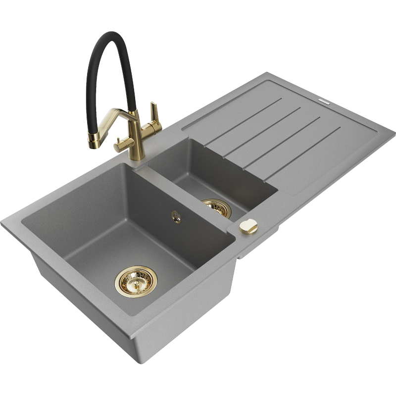 Mexen Andres granite sink 1.5-bowl with drainer and Duo kitchen tap, grey - 6515-71-671701-57-G
