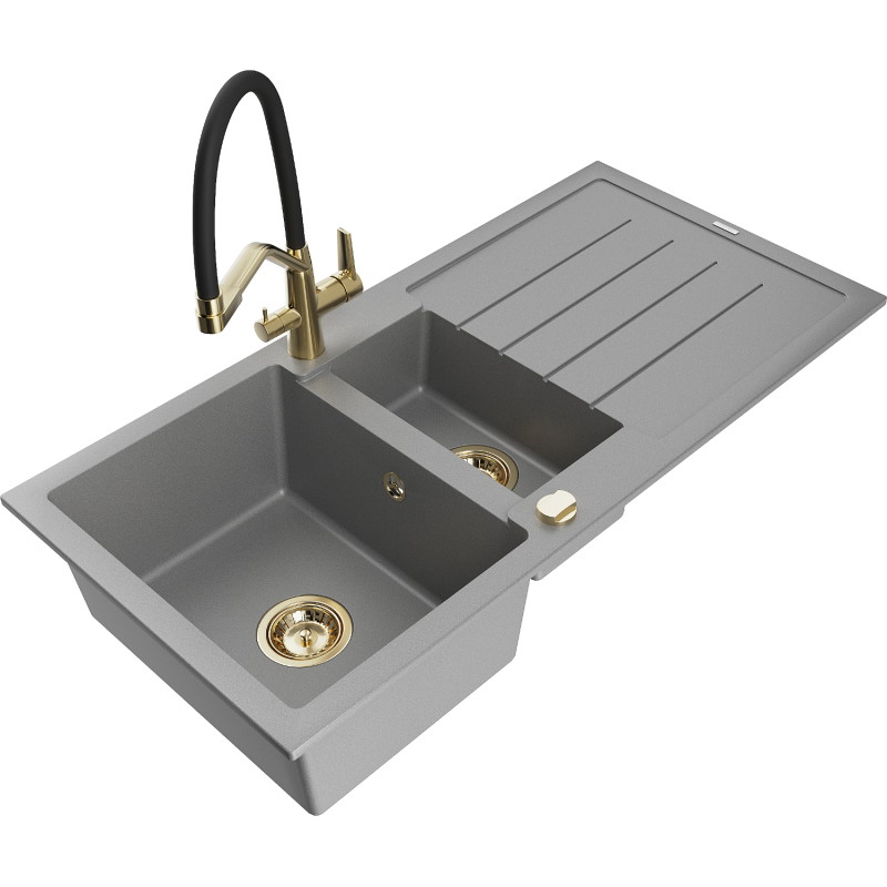 Mexen Andres granitische spoelbak 1,5-kamer met druiprek en Duo keukenmengkraan, grijs - 6515-71-671701-57-G