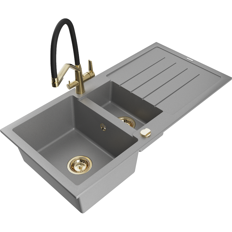 Mexen Andres lava-loiça de granito 1,5-câmara com escorredor e torneira de cozinha Duo, cinza - 6515-71-671701-57-G