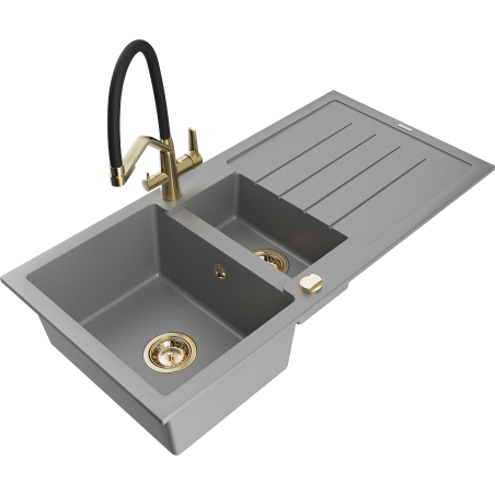 Mexen Andres fregadero de granito de 1,5 senos con escurridor y grifo de cocina Duo, gris - 6515-71-671701-57-G