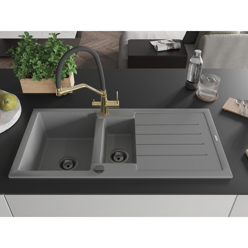 Mexen Andres fregadero de granito gris de 1,5 tazones con escurridor y grifo de cocina Duo - 6515-71-671701-57-B