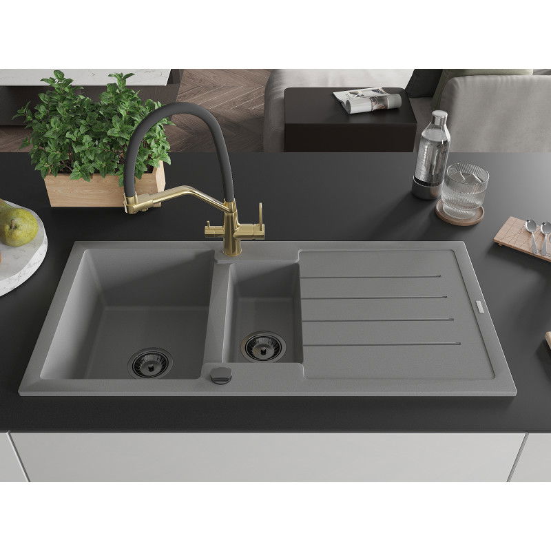 Mexen Andres granite sink 1.5-bowl with drainer and Duo kitchen tap, grey - 6515-71-671701-57-B
