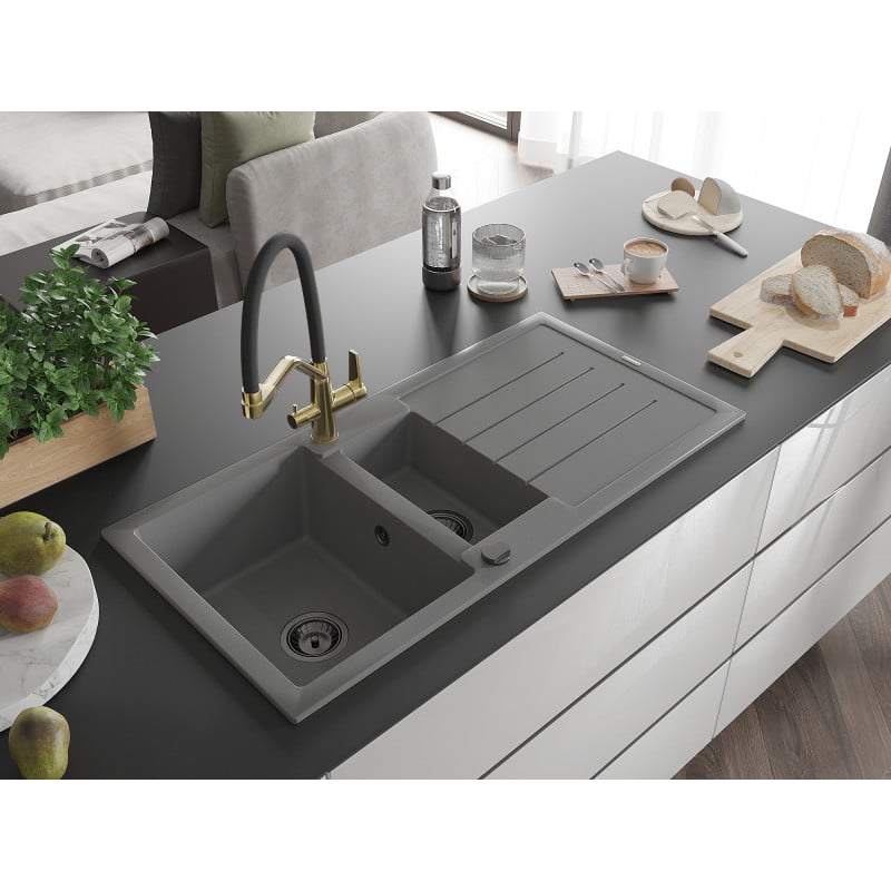 Mexen Andres fregadero de granito de 1,5 senos con escurridor y grifo de cocina Duo, gris - 6515-71-671701-57-B