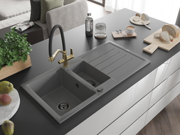 Mexen Andres granite sink 1.5-bowl with drainer and Duo kitchen tap, grey - 6515-71-671701-57-B