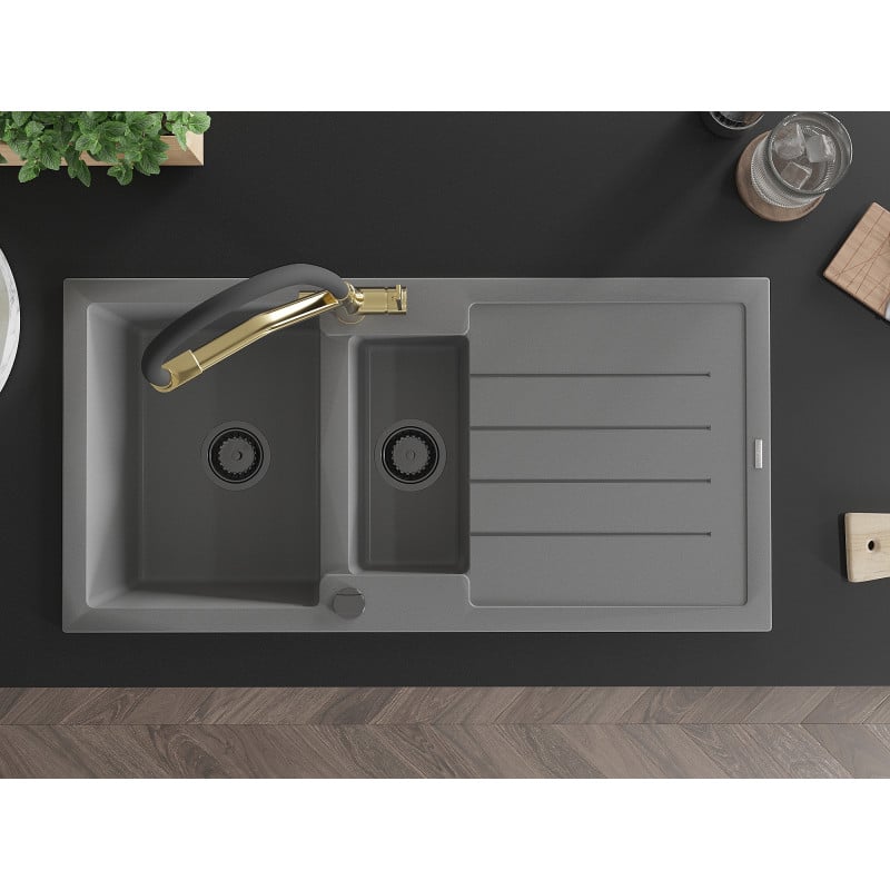 Mexen Andres fregadero de granito de 1,5 senos con escurridor y grifo de cocina Duo, gris - 6515-71-671701-57-B