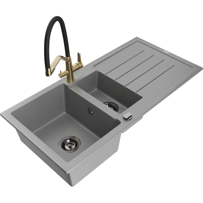 Mexen Andres granite sink 1.5-bowl with drainer and Duo kitchen tap, grey - 6515-71-671701-57-B