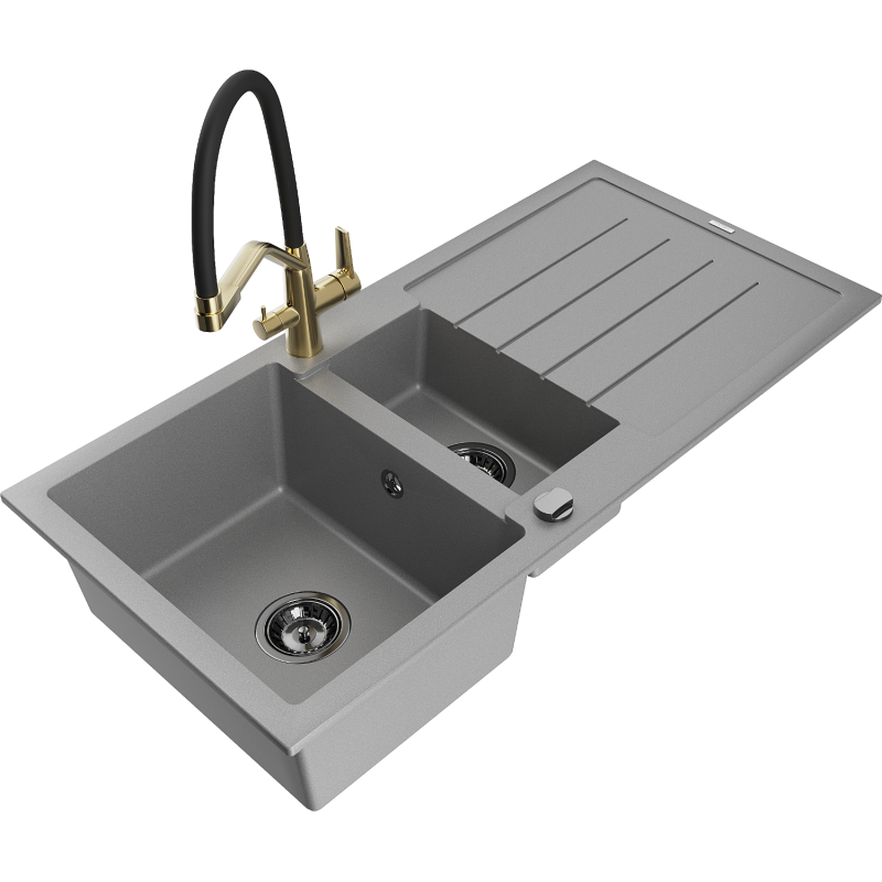 Mexen Andres lavello in granito a 1,5 vasche con scolapiatti e miscelatore da cucina Duo, grigio - 6515-71-671701-57-B