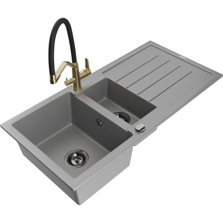 Mexen Andres fregadero de granito de 1,5 senos con escurridor y grifo de cocina Duo, gris - 6515-71-671701-57-B