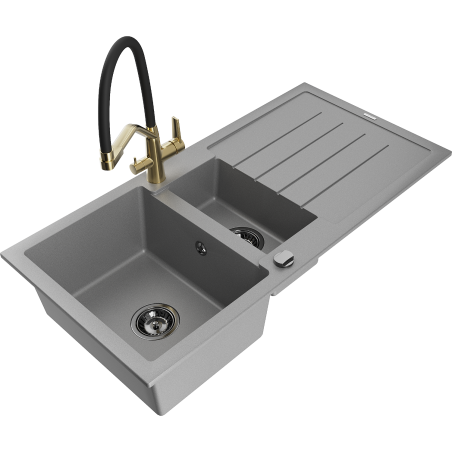 Mexen Andres granite sink 1.5-bowl with drainer and Duo kitchen tap, grey - 6515-71-671701-57-B