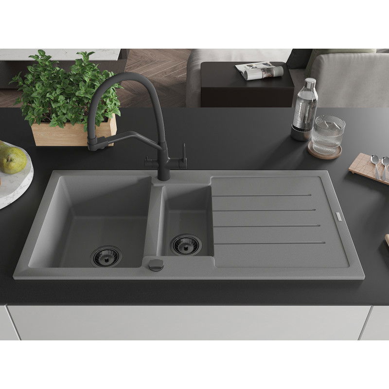 Mexen Andres granite sink 1.5-bowl with drainer and Duo kitchen tap, grey - 6515-71-671701-70-B